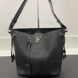 Louis Vuitton Calfskin Lockme Studs Bucket Bag Black (JB1030)
